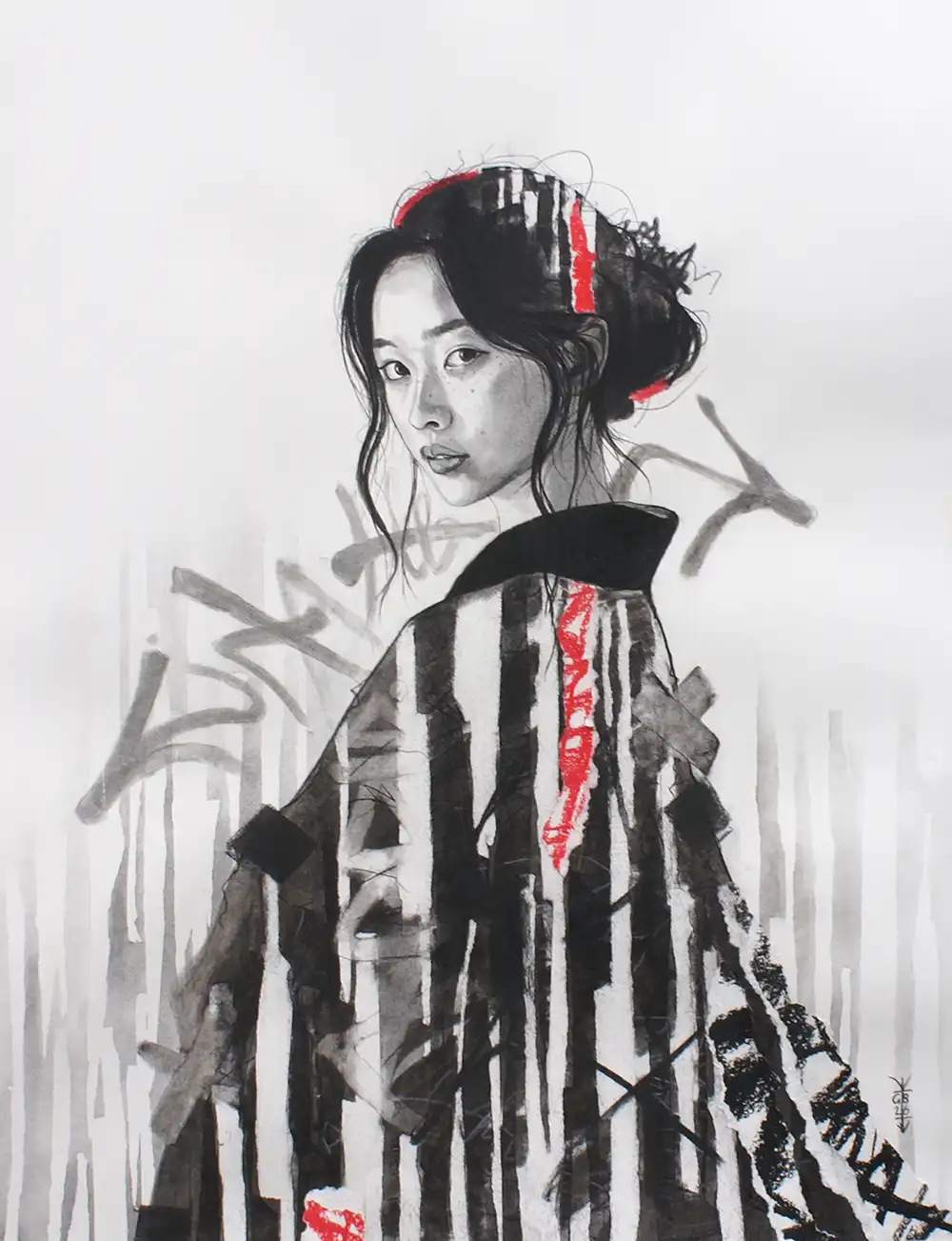 Homage - Japanese Geisha drawing in Charcoal with Pink Highlight